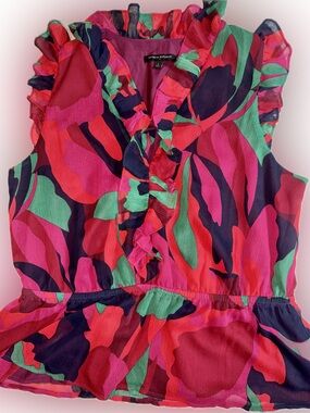 Banana Republic Womens L Red Floral Peplum Top Ruffle Sleeveless Blouse